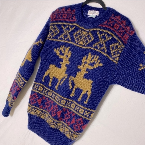 Vintage Northern Spirit Hand Knit Jacquard Deer Print Crew Neck Sweater S - Picture 11 of 15